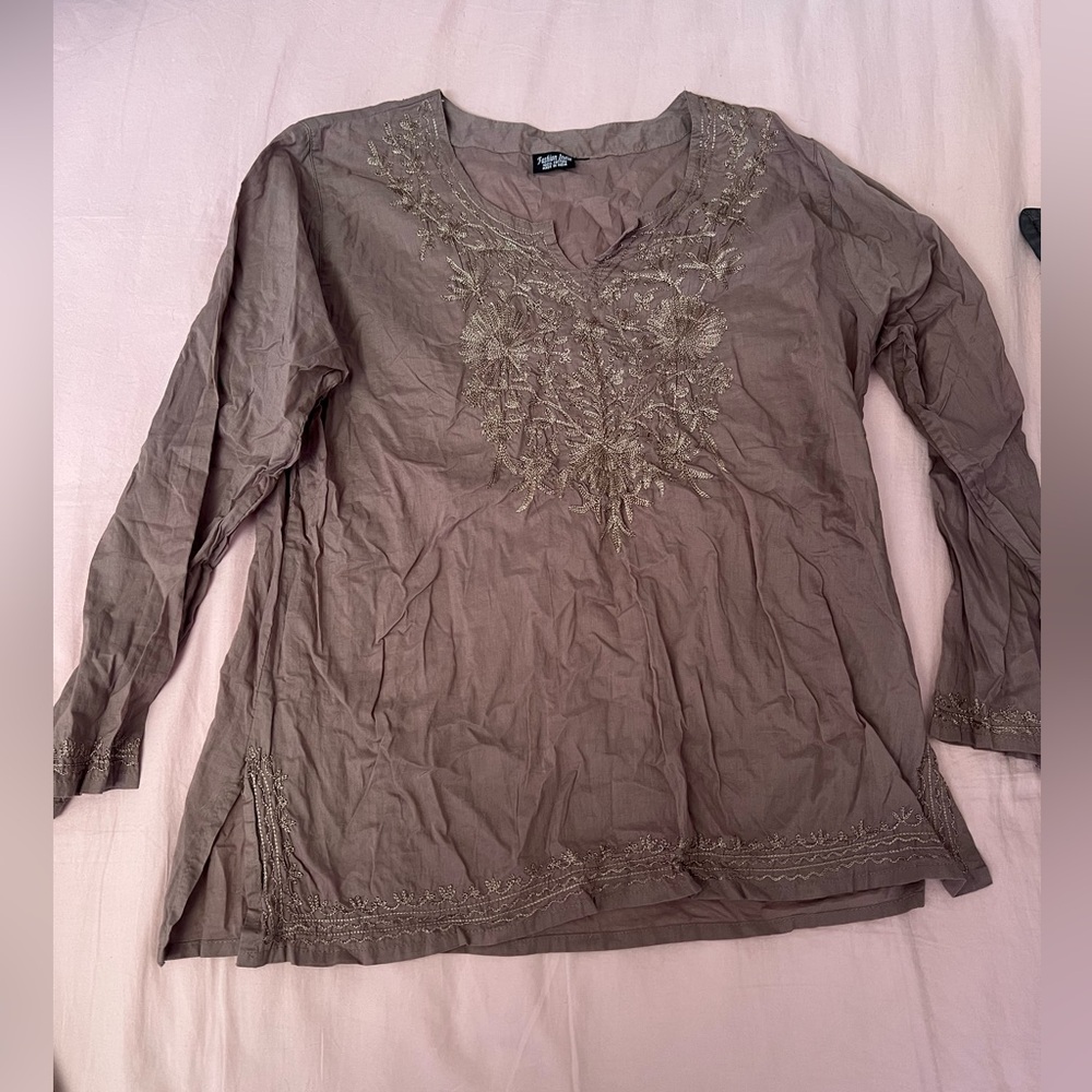 Vintage Y2K Brown Boho Flower Embroidered Tunic